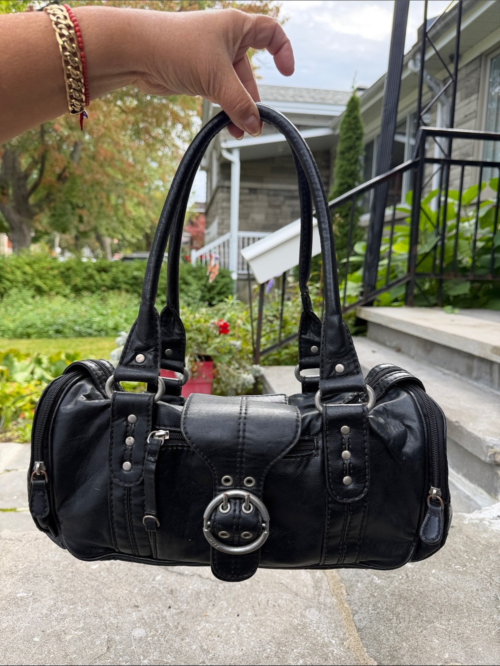 Vintage real Leather Satchel Handbag with Buckle Detail